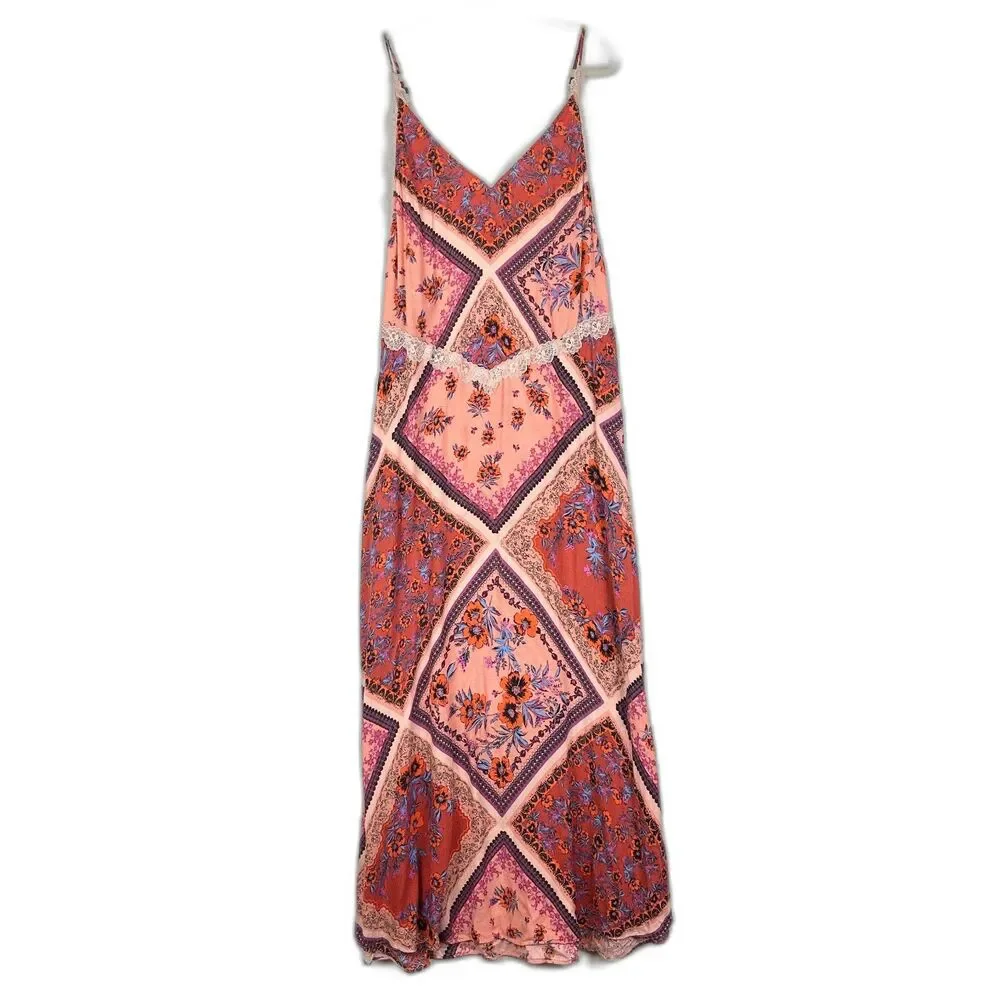 Free People Stevie Printed Maxi Slip Dress Size Large Floral Patchwork Scarf